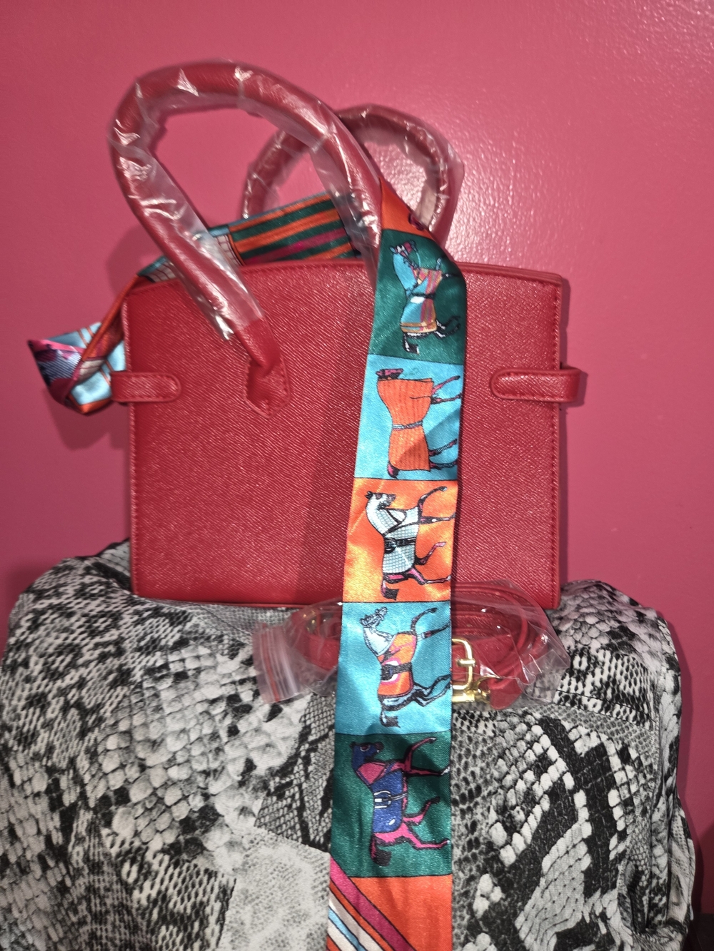 Red Structured Tote Bag with Colorful Silk Scarf